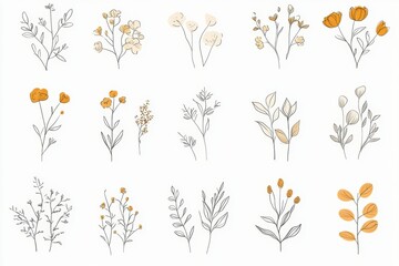 Naklejka na meble These delicate doodles illustrate an array of flowers and leaves in a minimalist style, highlighting the beauty of nature's designs. Generative AI
