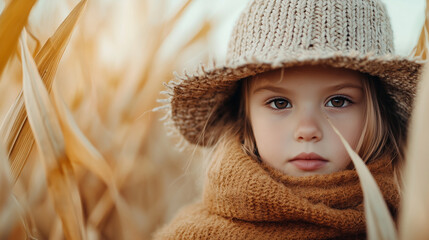 Wall Mural - child standing in a cornfield in an autumn outfit