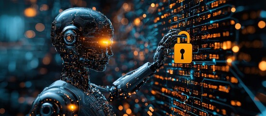 A robotic hand holding a padlock in front of a digital background
