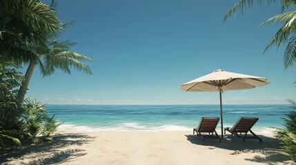 Relaxing beach chairs under an umbrella by the serene ocean on a sunny day