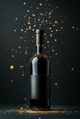 A bottle of red wine surrounded by shimmering stars in a dark background setting