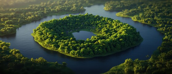 Aerial view of a circular green island surrounded by water, showcasing lush vegetation and tranquil scenery.