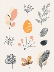 Aufkleber - A collection of minimalistic doodles capturing leaves, flowers, and nature elements, showcasing a simple yet artistic design. Generative AI