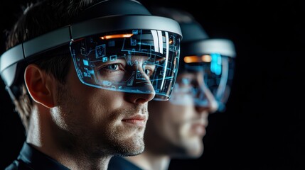 Close-up of two men wearing advanced augmented reality headsets, showcasing futuristic technology and innovation.