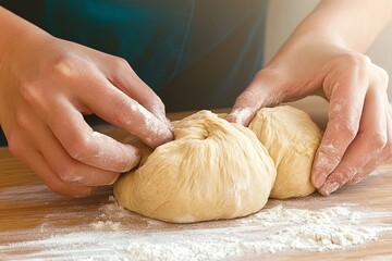 a fine looking bread dough on wooden table with two hands setting ready to knead above, a splash of flour, dark background