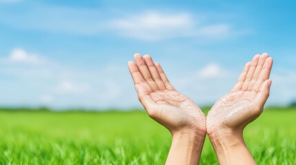 Hands holding water against a green landscape and clear blue sky, symbolizing nature and sustainability.