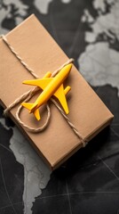 A yellow airplane model rests atop a wrapped package secured with twine on a world map background