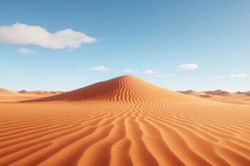 Vast desert landscape with a lone sand dune and clear blue sky, highlighting natural beauty and tranquility.