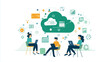 © Pixel Pioneer - Modern illustration of remote professionals using cloud technology for seamless collaboration, virtual teamwork, and efficient business communication in a digital workspace.