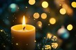© Cetin - candle burning in the darkness, surrounded by blurred lights of Christmas decorations