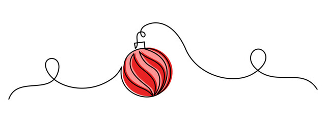 Poster - Christmas ball in One Continuous line drawing. Festive christmas tree bauble with ribbon in simple linear style. Editable stroke. Doodle outline vector illustration