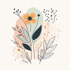 Canvas Print - Doodles showcase various leaves and flowers, combining simple lines and shapes to create a serene and minimalist natural design. Generative AI