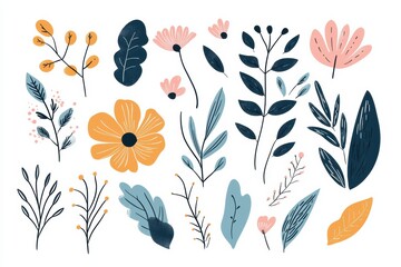 Poster - A collection of minimalist doodles features an array of colorful flowers, leaves, and nature elements, offering a fresh artistic vibe. Generative AI