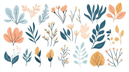 Aufkleber - A collection of minimalist doodles features various leaves and flowers, showcasing a blend of colors and natural elements in a serene design. Generative AI