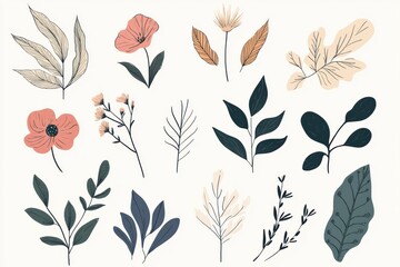 Leinwandbilder - A collection of minimalist doodles featuring various leaves, flowers, and nature elements in a soothing color scheme. Generative AI