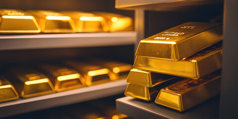 golden bullion bars stacked in a bank safe, background with shelves of gold blocks, precious metals 