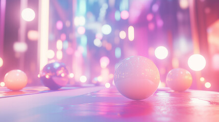 Wall Mural - Dreamy bokeh effect with pastel colors and luminous spheres on reflective surface
