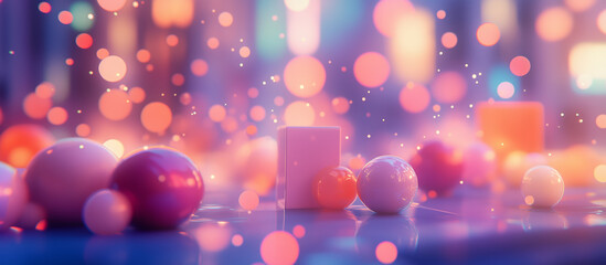 Wall Mural - Pastel bokeh scene with glowing spheres and cubes
