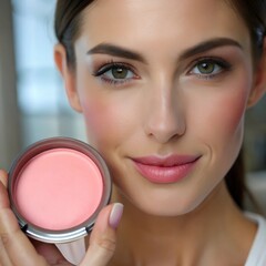  Woman holding a pink blush in a small container