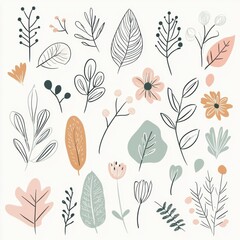 Canvas Print - Delicate doodles of various leaves and flowers display a harmonious blend of nature elements, inspiring creativity and tranquility. Generative AI