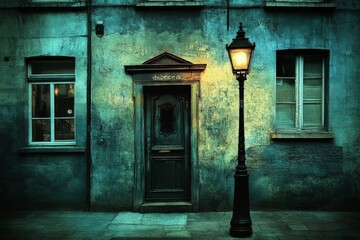 A single lamppost illuminates a weathered doorway and windows on an aged building. The teal and blue tones create a moody atmosphere.