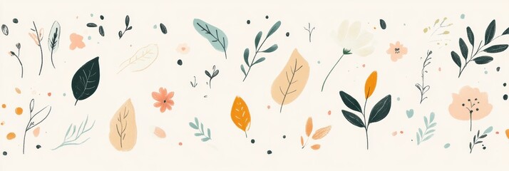 Aufkleber - A collection of minimalist doodles showcasing various leaves, flowers, and nature elements, arranged harmoniously against a light backdrop. Generative AI