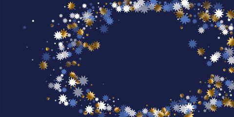 Wall Mural - Subtle Christmas star holiday background illustration. Gold blue white shiny decoration. Banner snowflake ornament. Christmas star icon particles. New Year abstract decor.