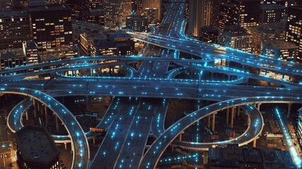 Digital Signals of Artificial Intelligence Autonomous Vehicles Spraeding via Information Highway in a Digital High Tech City Urban Area Downtown 5g Network AI Concept