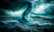 © DMax - A powerful tornado forms in the ocean, its swirling winds and water creating a dramatic scene under a moody sky with deep blue waves. Background