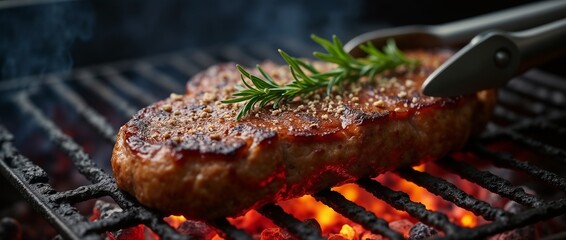 Juicy and tender grilled beef steak garnished with rosemary, sizzling on a charcoal grill. Capturing the essence of outdoor cooking and flavorsome barbecue moments.

