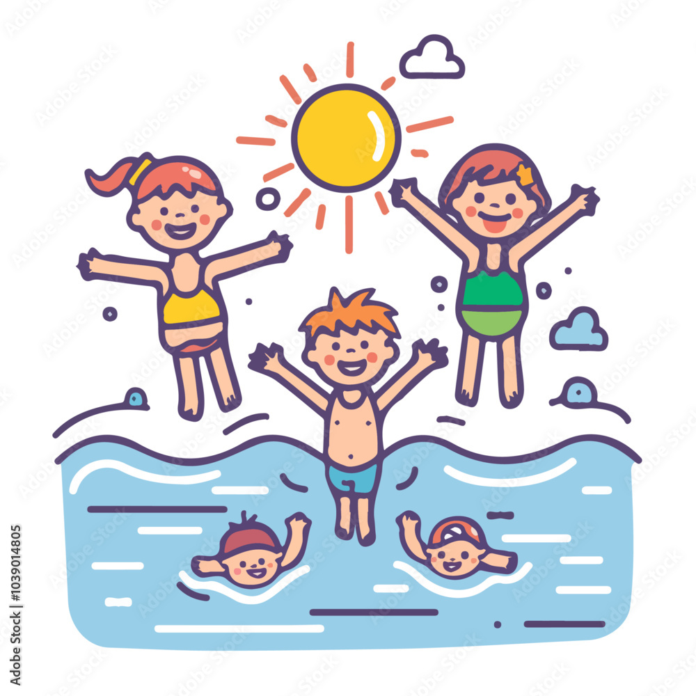 Vector of happy kids playing in an outdoor swimming pool, isolated on a ...