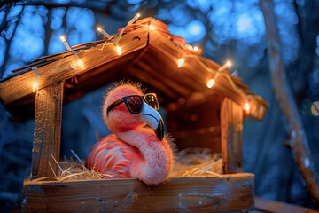 The Christian Christmas Story: The Birth of Jesus Christ in a Wooden Manger on a Dark Blue Night with Copy Space Banner. Nativity Scene: Jesus is the Reason for the Season, the Salvation, Messiah.