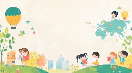  Colorful Children's Illustration with Balloons, World Map, and Nature