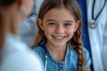 The girl is smiling sitting in the doctors arms