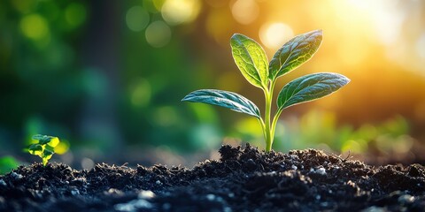 Poster - A Single Sprout Emerges from Rich Soil in the Golden Sunlight