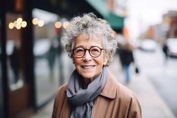 Sticker - Portrait of happy senior woman with eyeglasses in the city