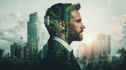 A layered image of a businessman, urban cityscape, and green foliage elements The sustainable development and green investing concept in a modern, eco-conscious business world