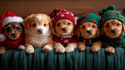 Wall Mural - Cute puppies in Christmas costumes close-up