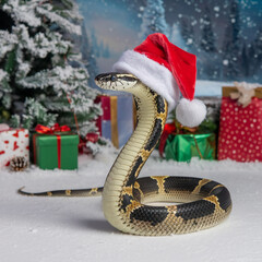 Wall Mural - An image of a snake dressed as Santa Claus. The snake sits on a pile of Christmas gifts. In the background is a Christmas tree with lights. The snake is a symbol of the new year 2025 according to the 