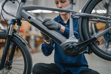 Repairing an e-bike. Urban cyclist maintaining and servicing an electric bicycle with modern tools. Ensuring optimal performance and efficient operation for a smooth ride in the city.