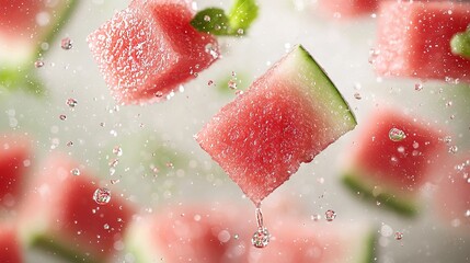 Wall Mural -   Watermelon and cucumber slices with water droplets