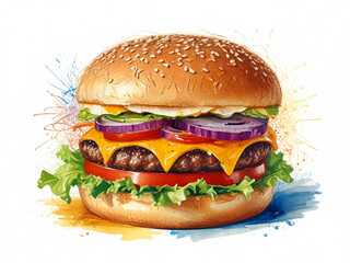 Grill burger, American fast food concept, watercolor illustration isolated on white background, grilled meat collection