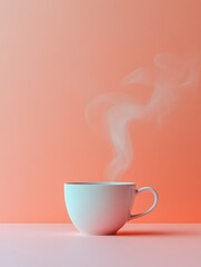 Aufkleber - A white tea cup emits gently swirling steam, resting on a smooth surface with a peach backdrop, creating a tranquil atmosphere. Generative AI