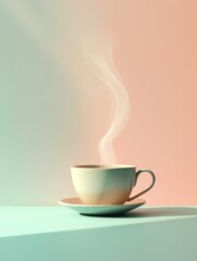 Poster - A tea cup sits on a saucer, with gently curling steam rising, creating a calm and inviting atmosphere in soft pastel colors. Generative AI