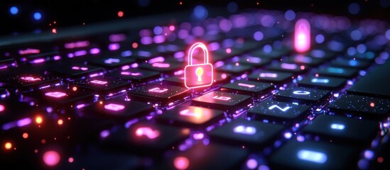 Aufkleber - Neon Padlock Icon on Glowing Keyboard