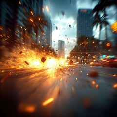 Explosive action unfolds on urban streets during a dramatic late afternoon in a bustling city