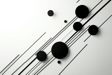 Aufkleber - A dynamic arrangement of black diagonal lines intersects a light backdrop, accentuated by circles of various dimensions, creating visual interest. Generative AI