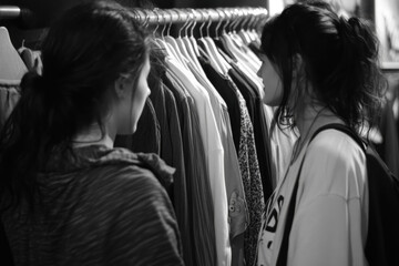 Two women browsing clothes in closet.