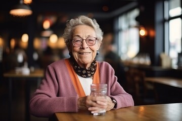 Sticker - Portrait of a senior woman sitting in a cafe with a glass of water