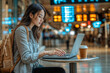© EJManzaneque - A woman is sitting in an airport coffee shop using a laptop with a cup of coffee on the table.